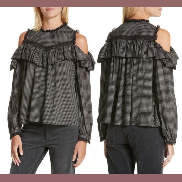 NWT $225 LA VIE Rebecca Taylor Plaid Ruffle Cold Shoulder Top [SZ Medium‎ ]
